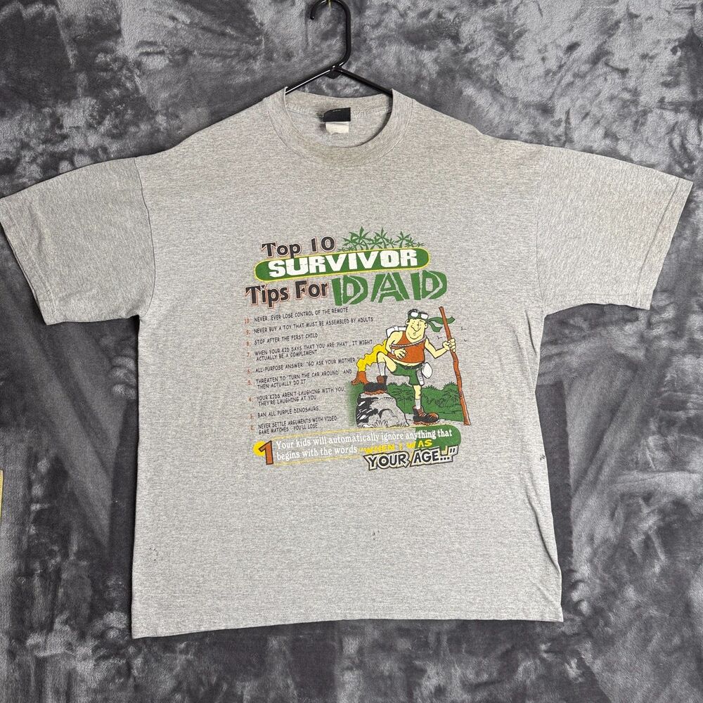 Vintage Y2K Funny Dad T Shirt Grey Size Large Top 10 Survivor Tips For Dad
